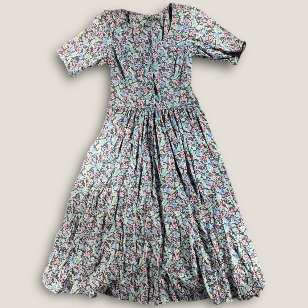 Vintage Laura Ashley Floral Dress Made in Great Britain Blue Cotton XS US 2‎ 4